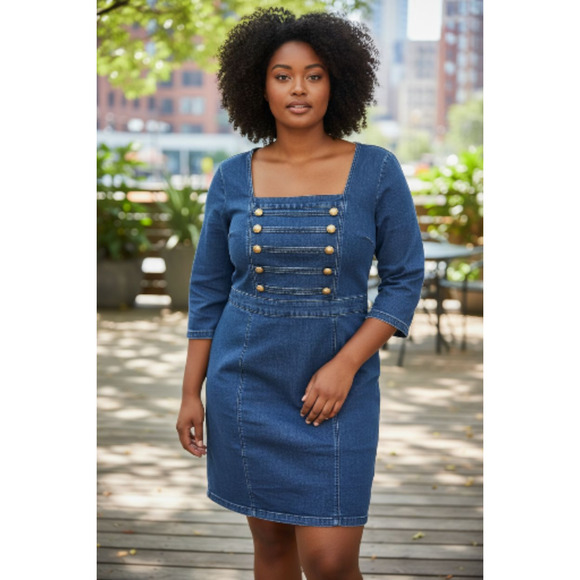 4412) Bebe Square Neck Buttons Back Zippered Denim Dress Plus Size 18 - Picture 1 of 8
